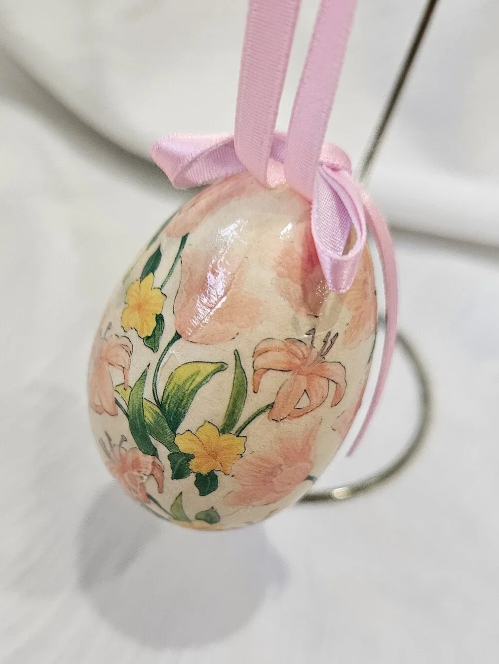 Vintage Paper Mache Pink Floral Hanging Egg Ornament